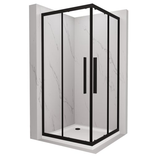 HD Elio+ Black 80x80 szögletes két tolóajtós zuhanykabin fehér slim zuhanytálcával és fekete szifonnal, fekete elemekkel, 190 cm magas