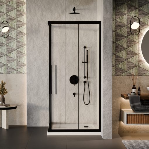 HD Elio+ Black 80x80 szögletes két tolóajtós zuhanykabin fehér slim zuhanytálcával és fekete szifonnal, fekete elemekkel, 190 cm magas