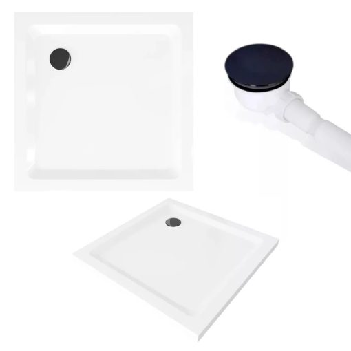 HD Elio+ Black 80x80 szögletes két tolóajtós zuhanykabin fehér slim zuhanytálcával és fekete szifonnal, fekete elemekkel, 190 cm magas