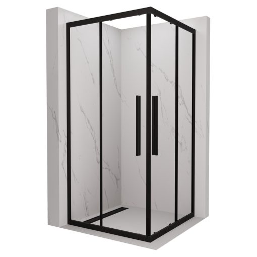 HD Elio+ Black 90x90 szögletes két tolóajtós zuhanykabin 6 mm vastag vízlepergető biztonsági üveggel, fekete elemekkel, 190 cm magas