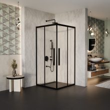HD Elio+ Black 90x90 szögletes két tolóajtós zuhanykabin 6 mm vastag vízlepergető biztonsági üveggel, fekete elemekkel, 190 cm magas