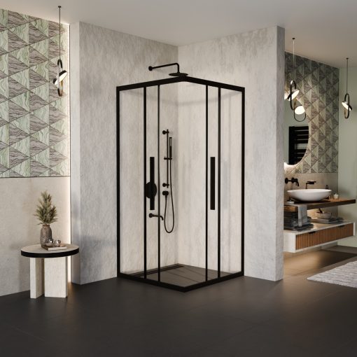 HD Elio+ Black 90x90 szögletes két tolóajtós zuhanykabin 6 mm vastag vízlepergető biztonsági üveggel, fekete elemekkel, 190 cm magas