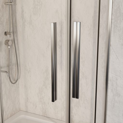 HD Elio+ 100x100 szögletes két tolóajtós zuhanykabin fehér slim zuhanytálcával és króm szifonnal, krómozott elemekkel, 190 cm magas