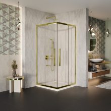 HD Elio+ Gold 80x80 szögletes két tolóajtós zuhanykabin fehér slim zuhanytálcával és arany szifonnal, arany elemekkel, 190 cm magas