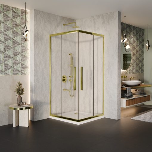 HD Elio+ Gold 80x80 szögletes két tolóajtós zuhanykabin fehér slim zuhanytálcával és arany szifonnal, arany elemekkel, 190 cm magas