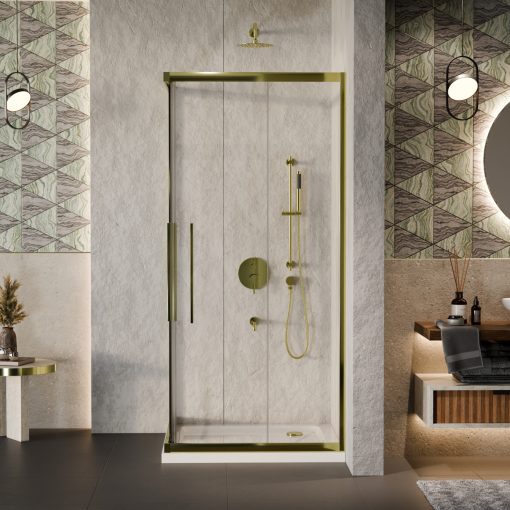 HD Elio+ Gold 80x80 szögletes két tolóajtós zuhanykabin fehér slim zuhanytálcával és arany szifonnal, arany elemekkel, 190 cm magas