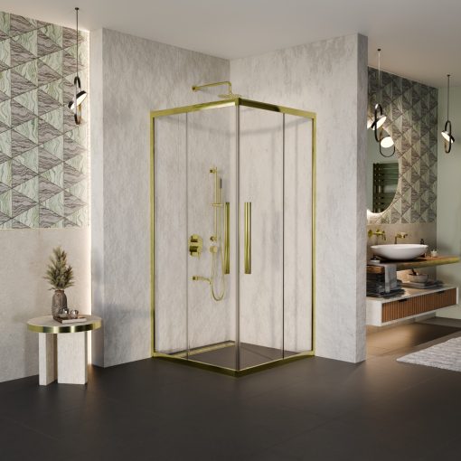 HD Elio+ Gold szögletes két tolóajtós zuhanykabin 6 mm vastag vízlepergető biztonsági üveggel, arany elemekkel, 190 cm magas