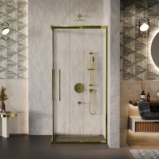 HD Elio+ Gold szögletes két tolóajtós zuhanykabin 6 mm vastag vízlepergető biztonsági üveggel, arany elemekkel, 190 cm magas