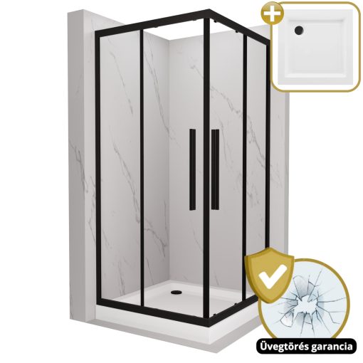 HD Elio+ Black 80x80 szögletes két tolóajtós zuhanykabin fehér magas zuhanytálcával és fekete szifonnal, fekete elemekkel, 190 cm magas