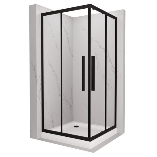 HD Elio+ Black 80x80 szögletes két tolóajtós zuhanykabin fehér magas zuhanytálcával és fekete szifonnal, fekete elemekkel, 190 cm magas