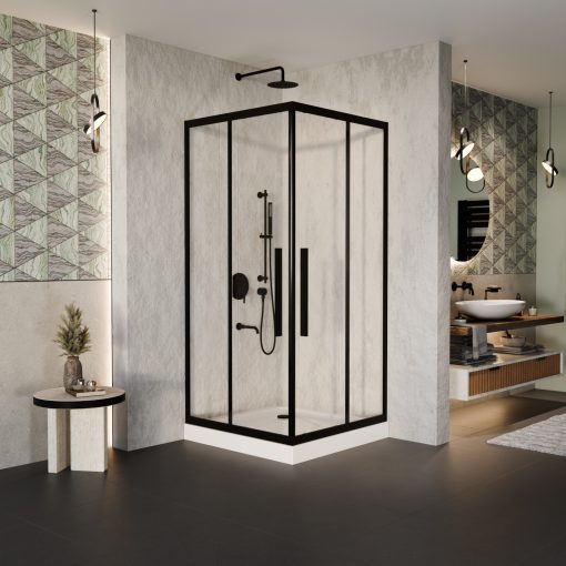 HD Elio+ Black 80x80 szögletes két tolóajtós zuhanykabin fehér magas zuhanytálcával és fekete szifonnal, fekete elemekkel, 190 cm magas