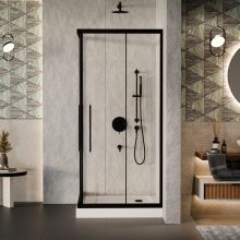 HD Elio+ Black 80x80 szögletes két tolóajtós zuhanykabin fehér magas zuhanytálcával és fekete szifonnal, fekete elemekkel, 190 cm magas