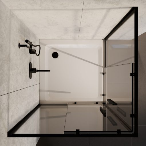 HD Elio+ Black 80x80 szögletes két tolóajtós zuhanykabin fehér magas zuhanytálcával és fekete szifonnal, fekete elemekkel, 190 cm magas