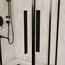 HD Elio+ Black 80x80 szögletes két tolóajtós zuhanykabin fehér magas zuhanytálcával és fekete szifonnal, fekete elemekkel, 190 cm magas