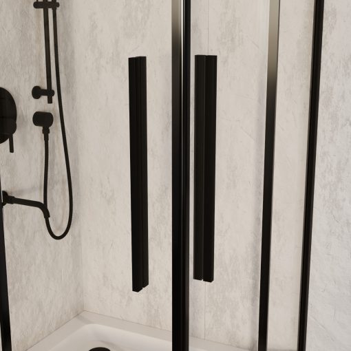 HD Elio+ Black 80x80 szögletes két tolóajtós zuhanykabin fehér magas zuhanytálcával és fekete szifonnal, fekete elemekkel, 190 cm magas