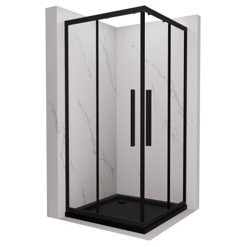 HD Elio+ Black 80x80 szögletes két tolóajtós zuhanykabin fekete slim zuhanytálcával és fekete szifonnal, fekete elemekkel, 190 cm magas