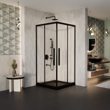 HD Elio+ Black 80x80 szögletes két tolóajtós zuhanykabin fekete slim zuhanytálcával és fekete szifonnal, fekete elemekkel, 190 cm magas