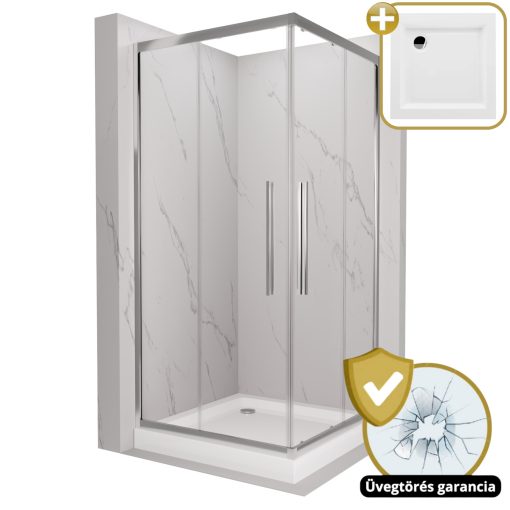HD Elio+ 80x80 szögletes két tolóajtós zuhanykabin fehér magas zuhanytálcával és króm szifonnal, krómozott elemekkel, 190 cm magas