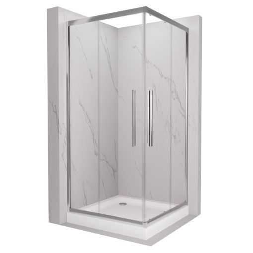HD Elio+ 80x80 szögletes két tolóajtós zuhanykabin fehér magas zuhanytálcával és króm szifonnal, krómozott elemekkel, 190 cm magas