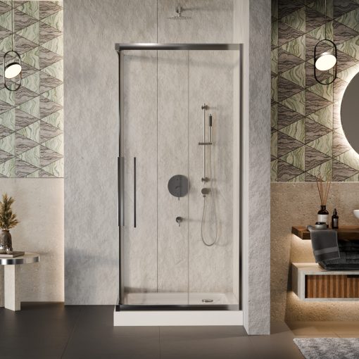 HD Elio+ 80x80 szögletes két tolóajtós zuhanykabin fehér magas zuhanytálcával és króm szifonnal, krómozott elemekkel, 190 cm magas