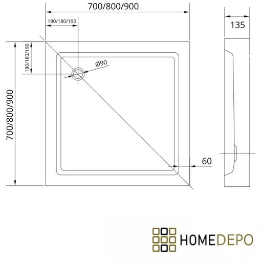 HD Elio+ 80x80 szögletes két tolóajtós zuhanykabin fehér magas zuhanytálcával és króm szifonnal, krómozott elemekkel, 190 cm magas