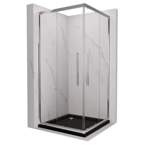 HD Elio+ 80x80 szögletes két tolóajtós zuhanykabin fekete slim zuhanytálcával és króm szifonnal, krómozott elemekkel, 190 cm magas