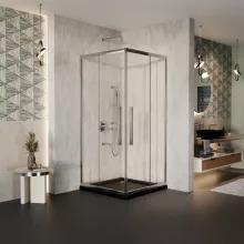 HD Elio+ 80x80 szögletes két tolóajtós zuhanykabin fekete slim zuhanytálcával és króm szifonnal, krómozott elemekkel, 190 cm magas