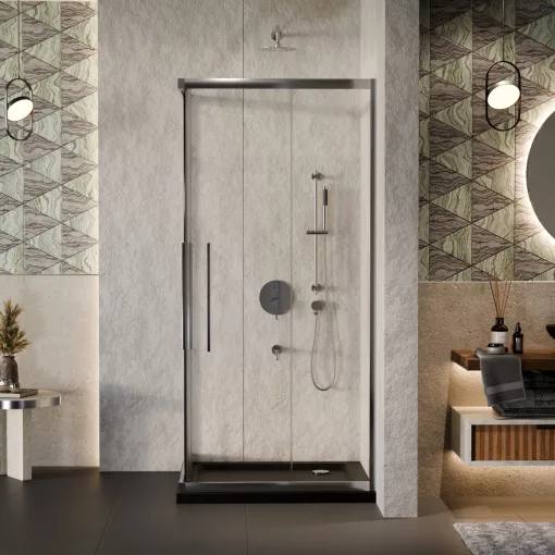 HD Elio+ 80x80 szögletes két tolóajtós zuhanykabin fekete slim zuhanytálcával és króm szifonnal, krómozott elemekkel, 190 cm magas