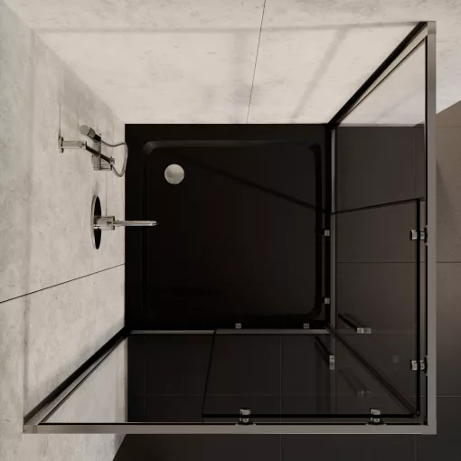 HD Elio+ 80x80 szögletes két tolóajtós zuhanykabin fekete slim zuhanytálcával és króm szifonnal, krómozott elemekkel, 190 cm magas