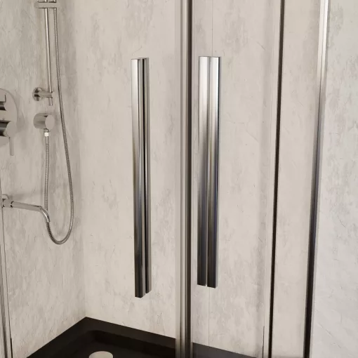 HD Elio+ 80x80 szögletes két tolóajtós zuhanykabin fekete slim zuhanytálcával és króm szifonnal, krómozott elemekkel, 190 cm magas