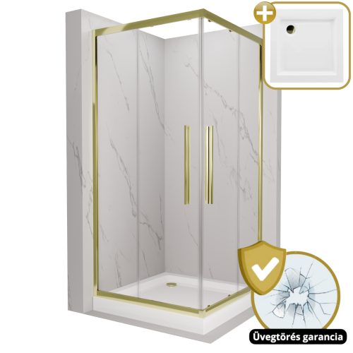 HD Elio+ Gold 90x90 szögletes két tolóajtós zuhanykabin fehér magas zuhanytálcával és arany szifonnal, arany elemekkel, 190 cm magas