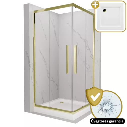 HD Elio+ Gold 80x80 szögletes két tolóajtós zuhanykabin fehér magas zuhanytálcával és arany szifonnal, arany elemekkel, 190 cm magas