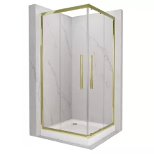 HD Elio+ Gold 80x80 szögletes két tolóajtós zuhanykabin fehér magas zuhanytálcával és arany szifonnal, arany elemekkel, 190 cm magas