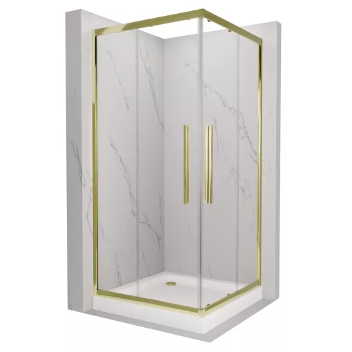 HD Elio+ Gold 80x80 szögletes két tolóajtós zuhanykabin fehér magas zuhanytálcával és arany szifonnal, arany elemekkel, 190 cm magas