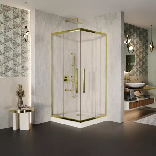 HD Elio+ Gold 80x80 szögletes két tolóajtós zuhanykabin fehér magas zuhanytálcával és arany szifonnal, arany elemekkel, 190 cm magas