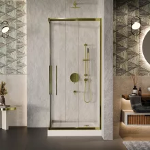 HD Elio+ Gold 80x80 szögletes két tolóajtós zuhanykabin fehér magas zuhanytálcával és arany szifonnal, arany elemekkel, 190 cm magas