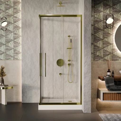 HD Elio+ Gold 80x80 szögletes két tolóajtós zuhanykabin fehér magas zuhanytálcával és arany szifonnal, arany elemekkel, 190 cm magas