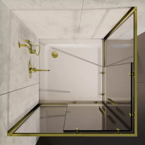 HD Elio+ Gold 80x80 szögletes két tolóajtós zuhanykabin fehér magas zuhanytálcával és arany szifonnal, arany elemekkel, 190 cm magas