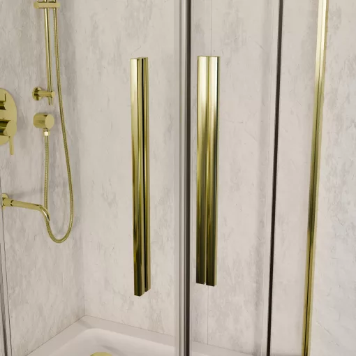 HD Elio+ Gold 80x80 szögletes két tolóajtós zuhanykabin fehér magas zuhanytálcával és arany szifonnal, arany elemekkel, 190 cm magas