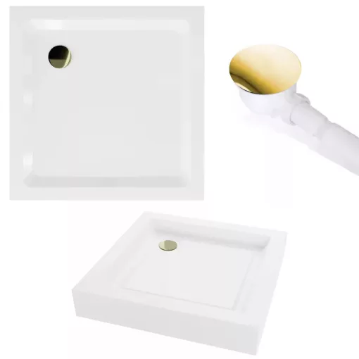 HD Elio+ Gold 80x80 szögletes két tolóajtós zuhanykabin fehér magas zuhanytálcával és arany szifonnal, arany elemekkel, 190 cm magas