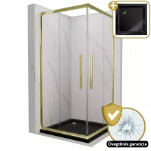 HD Elio+ Gold 80x80 szögletes két tolóajtós zuhanykabin fekete slim zuhanytálcával és arany szifonnal, arany elemekkel, 190 cm magas