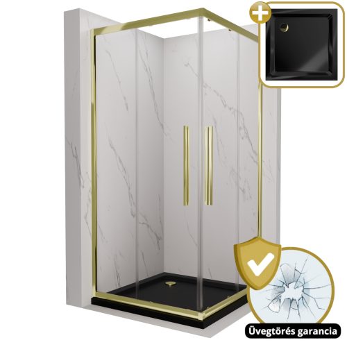 HD Elio+ Gold 90x90 szögletes két tolóajtós zuhanykabin fekete slim zuhanytálcával és arany szifonnal, arany elemekkel, 190 cm magas