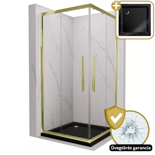 HD Elio+ Gold 80x80 szögletes két tolóajtós zuhanykabin fekete slim zuhanytálcával és arany szifonnal, arany elemekkel, 190 cm magas