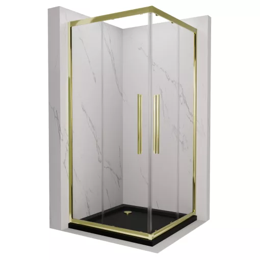 HD Elio+ Gold 80x80 szögletes két tolóajtós zuhanykabin fekete slim zuhanytálcával és arany szifonnal, arany elemekkel, 190 cm magas