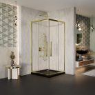 HD Elio+ Gold 90x90 szögletes két tolóajtós zuhanykabin fekete slim zuhanytálcával és arany szifonnal, arany elemekkel, 190 cm magas