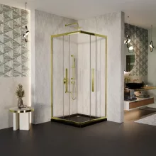 HD Elio+ Gold 80x80 szögletes két tolóajtós zuhanykabin fekete slim zuhanytálcával és arany szifonnal, arany elemekkel, 190 cm magas