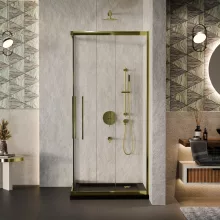 HD Elio+ Gold 80x80 szögletes két tolóajtós zuhanykabin fekete slim zuhanytálcával és arany szifonnal, arany elemekkel, 190 cm magas