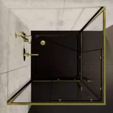 HD Elio+ Gold 80x80 szögletes két tolóajtós zuhanykabin fekete slim zuhanytálcával és arany szifonnal, arany elemekkel, 190 cm magas