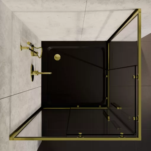 HD Elio+ Gold 80x80 szögletes két tolóajtós zuhanykabin fekete slim zuhanytálcával és arany szifonnal, arany elemekkel, 190 cm magas