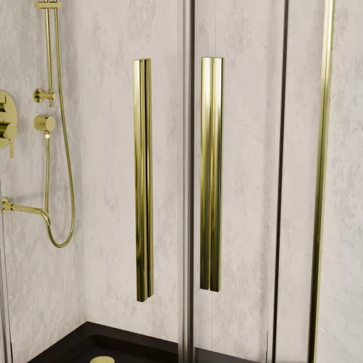 HD Elio+ Gold 80x80 szögletes két tolóajtós zuhanykabin fekete slim zuhanytálcával és arany szifonnal, arany elemekkel, 190 cm magas